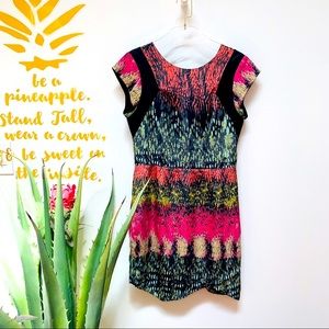 Charlie Jade Abstract Satin Faux Leater A-Line Multi-Color Short Sleeve …